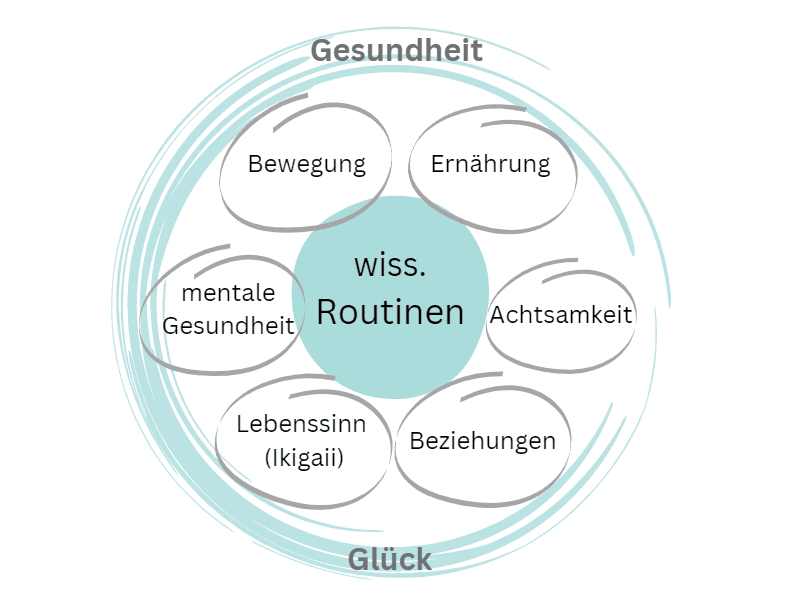 Diagramm: wissenschaftlich fundierte Routinen in der Mitte, verbunden mit Bewegung, Ernährung, Achtsamkeit, Beziehungen, Lebenssinn (Ikigai) und mentaler Gesundheit – umrahmt von Gesundheit und Glück